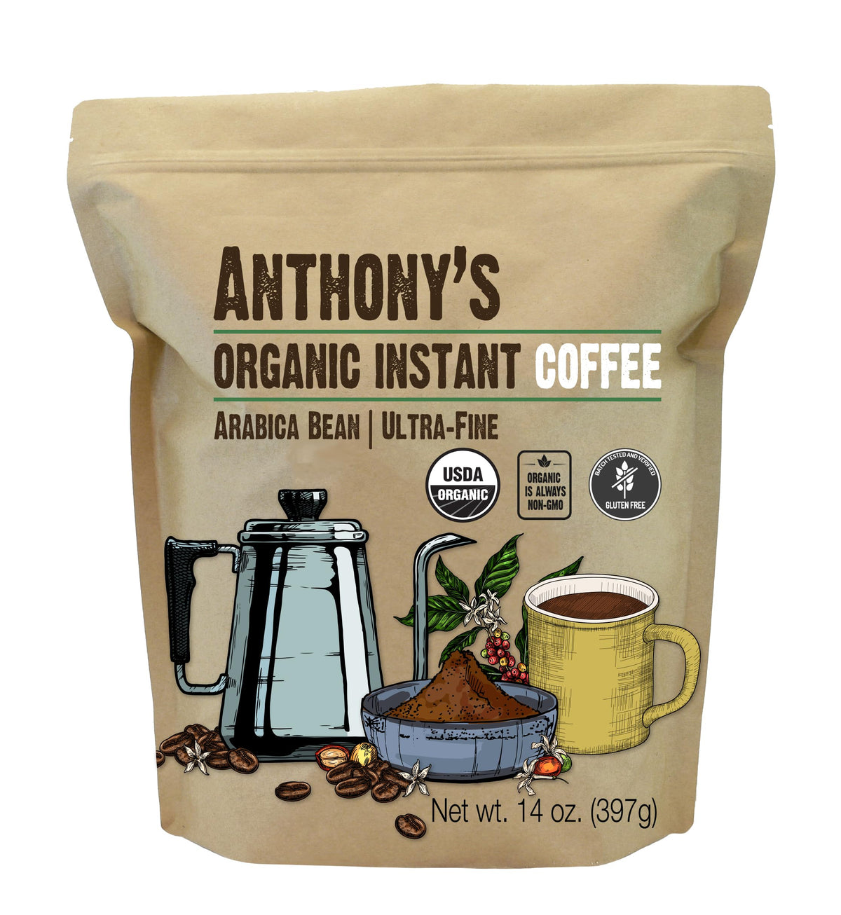 Organic Instant Coffee, 14 oz, Arabica, Gluten Free I60583