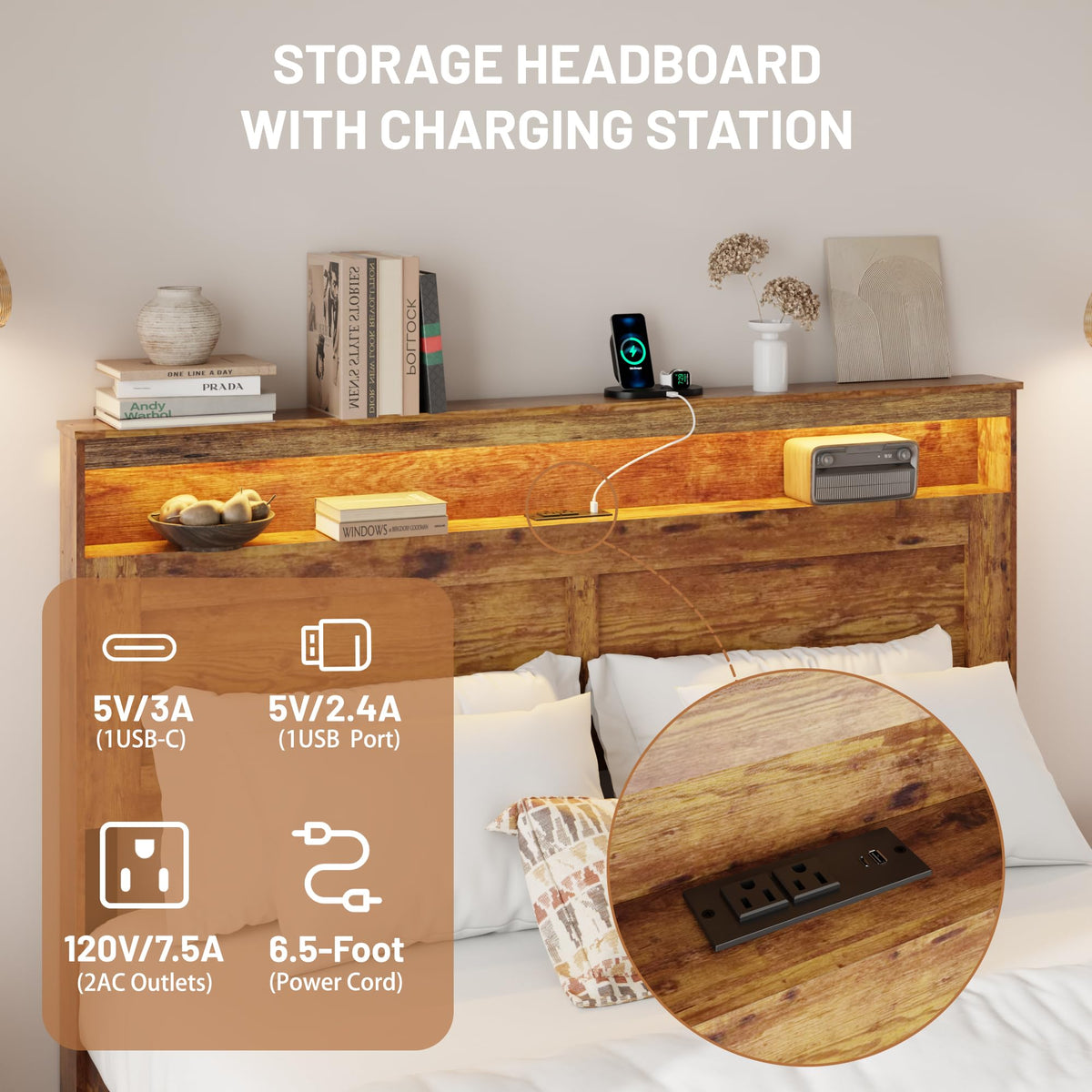 King Size Wooden Bed Frame with Storage Headboard S6072