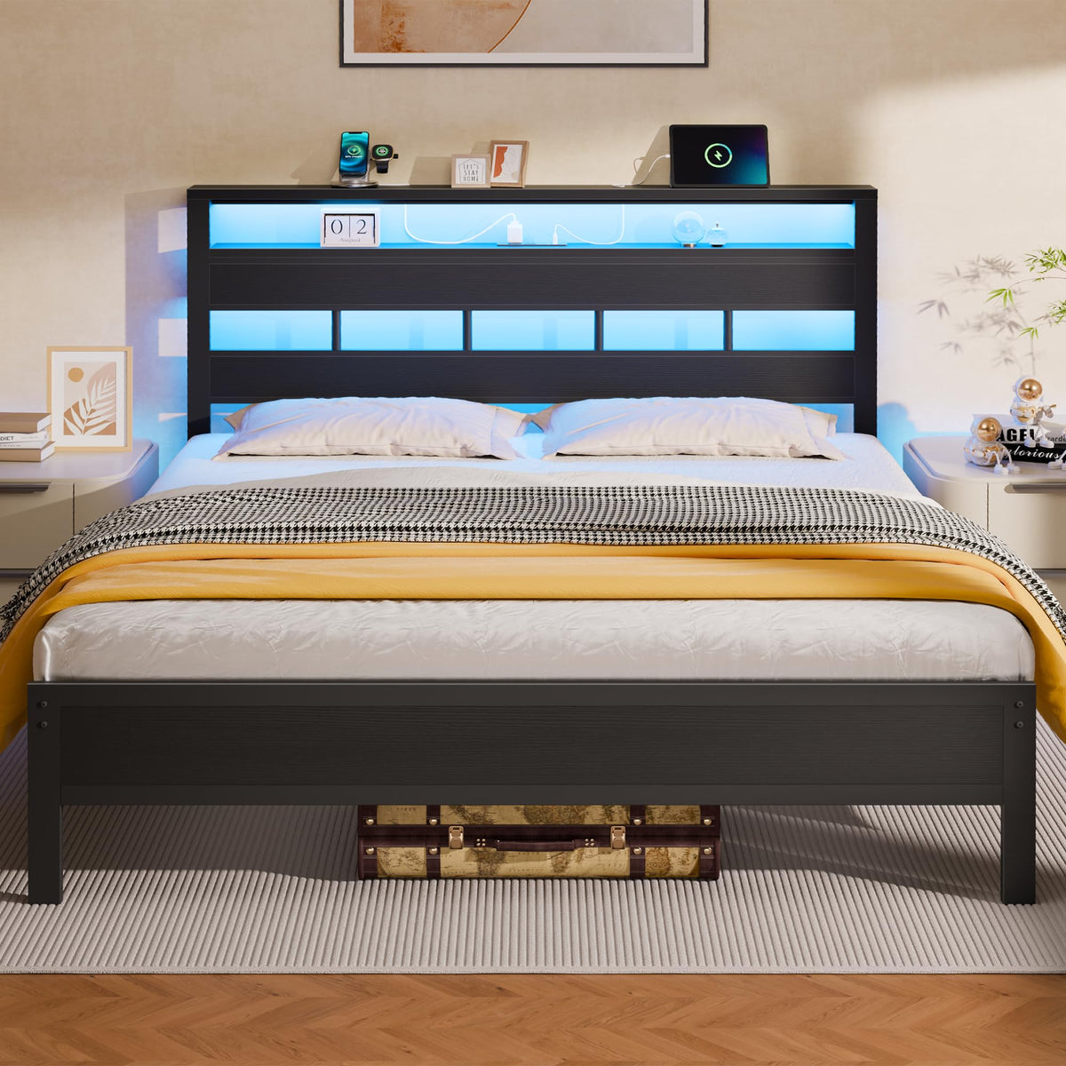 Queen Bed Frame with Storage Headboard and LED Lights Y307736