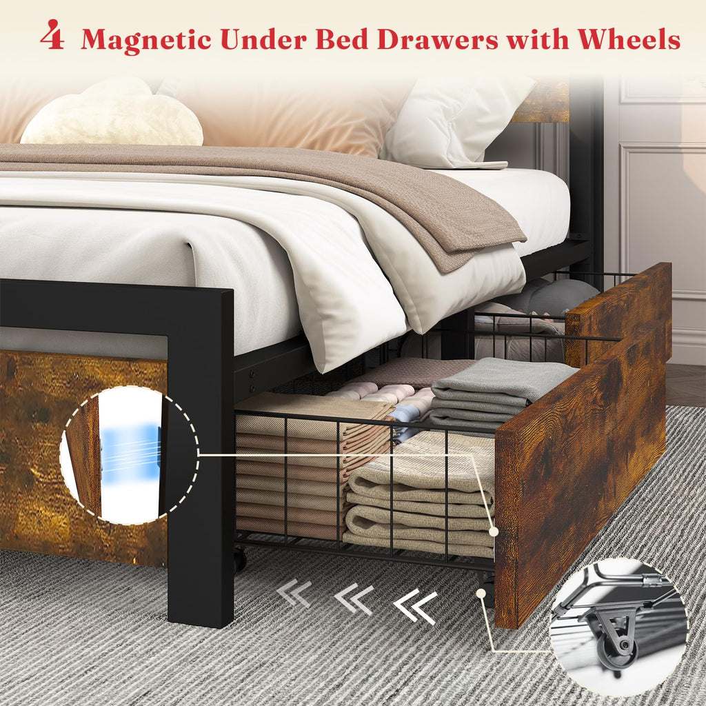 King Size Storage Bed Frame with 4 Drawers, Metal Bed Frame with Headboard Charging Station & Led Lights, Heavy Duty Platform Bedframe, No Box Spring Needed, Noise Free, Easy Assembly, Brown I6675