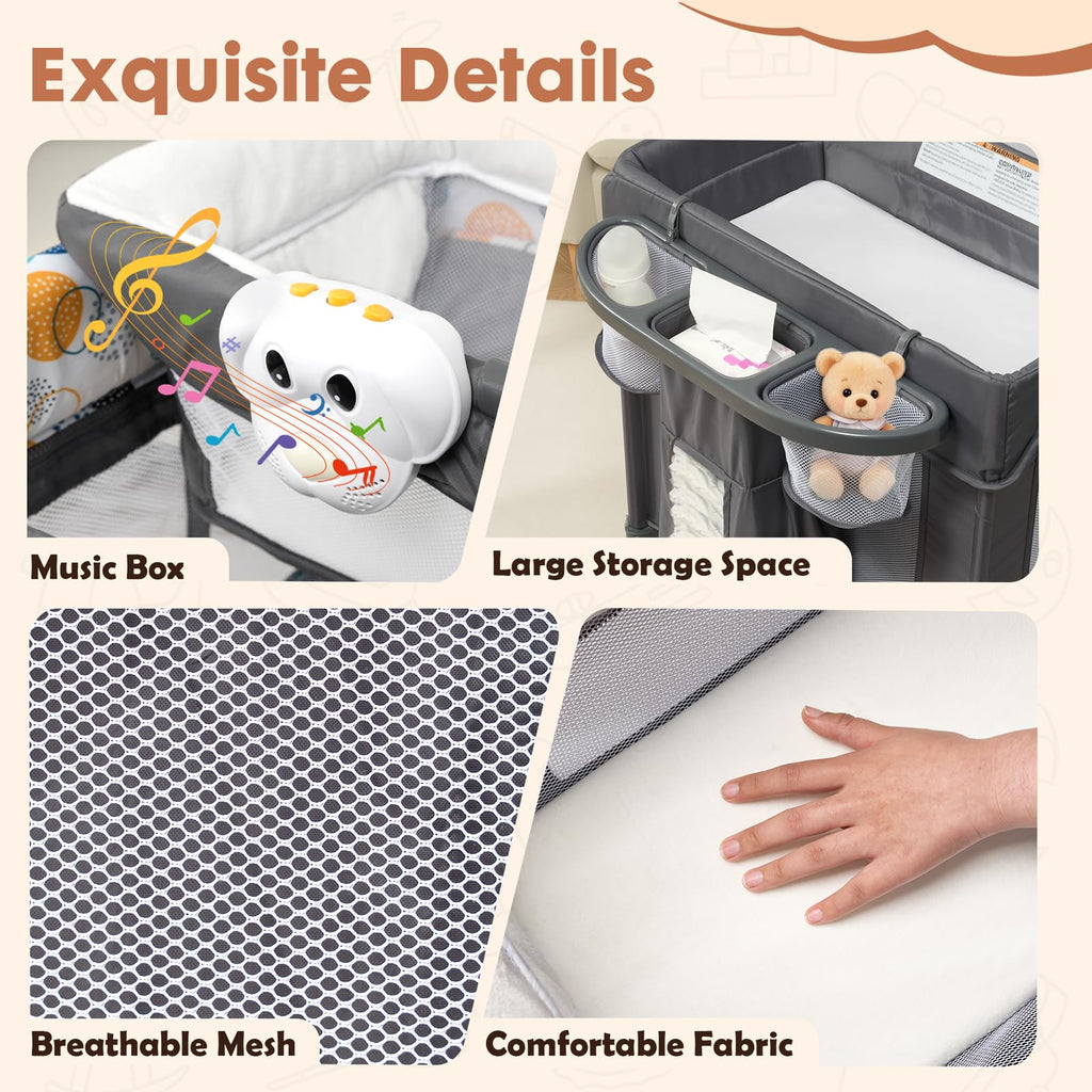 5-in-1 Pack and Play with Bassinet, Changing Table and Mat, Gray Q231237