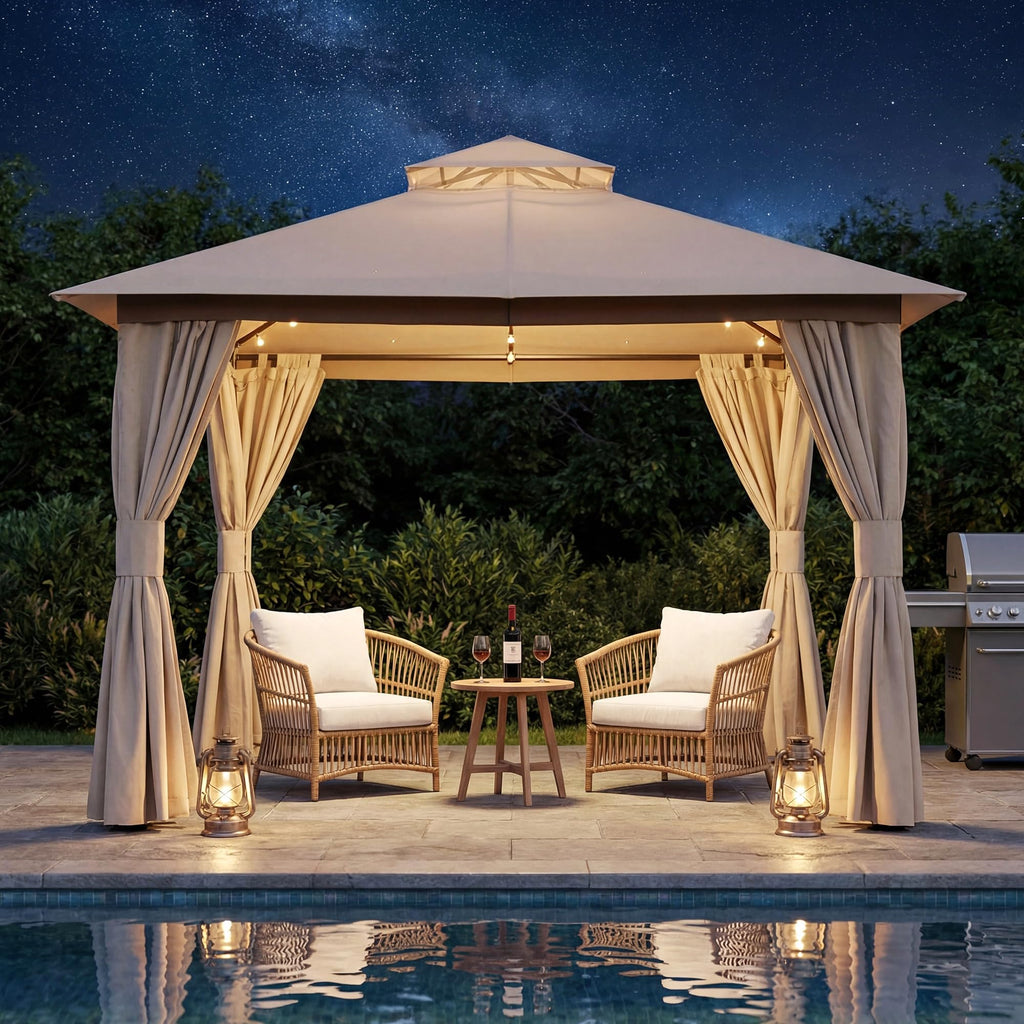 8x8 Outdoor Gazebo with Curtains, Netting & Double Roof V1608