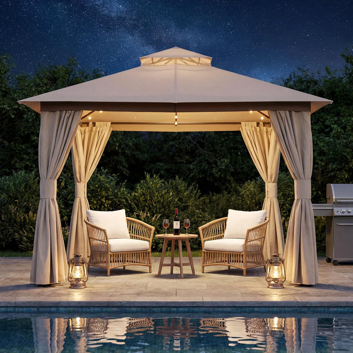 8x8 Outdoor Gazebo with Curtains, Netting & Double Roof V1608