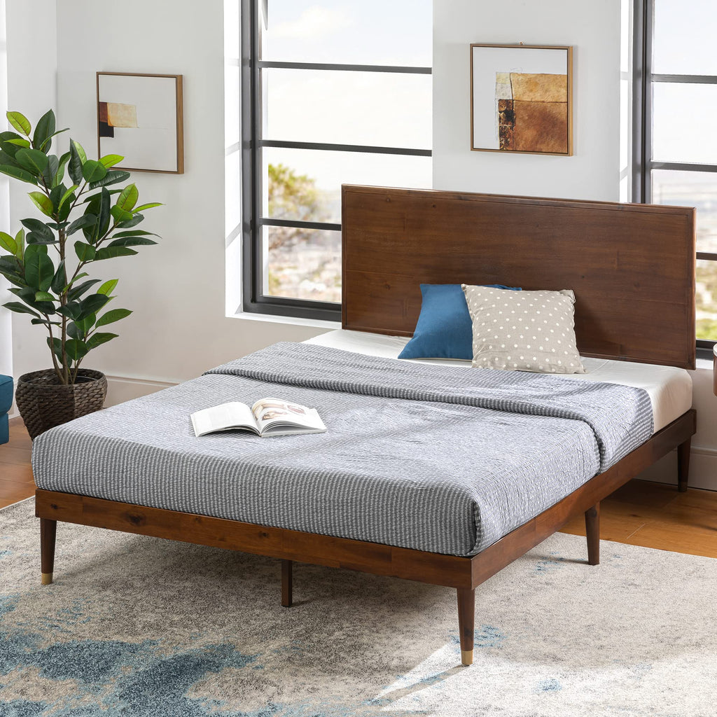 King Brown Wood Platform Bed Frame with Adjustable Headboard W2577