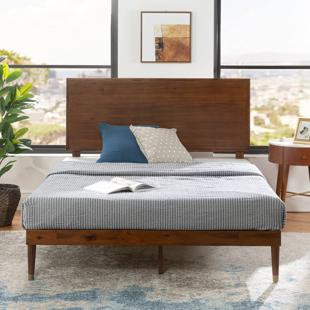 King Brown Wood Platform Bed Frame with Adjustable Headboard W2577