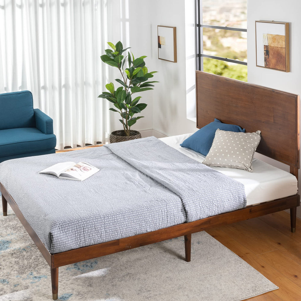 King Brown Wood Platform Bed Frame with Adjustable Headboard W2577