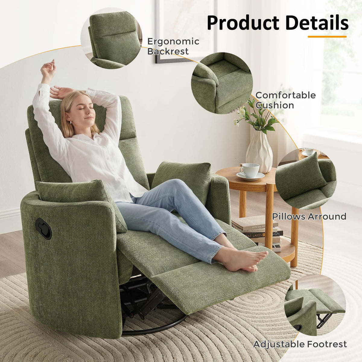 Oversized 360° Swivel Glider Recliner Chair with 2 Pillows and Footrest D68896
