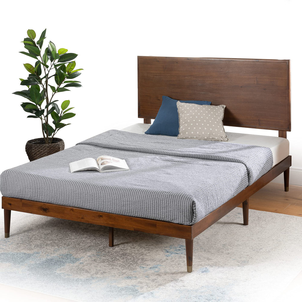 King Brown Wood Platform Bed Frame with Adjustable Headboard W2577