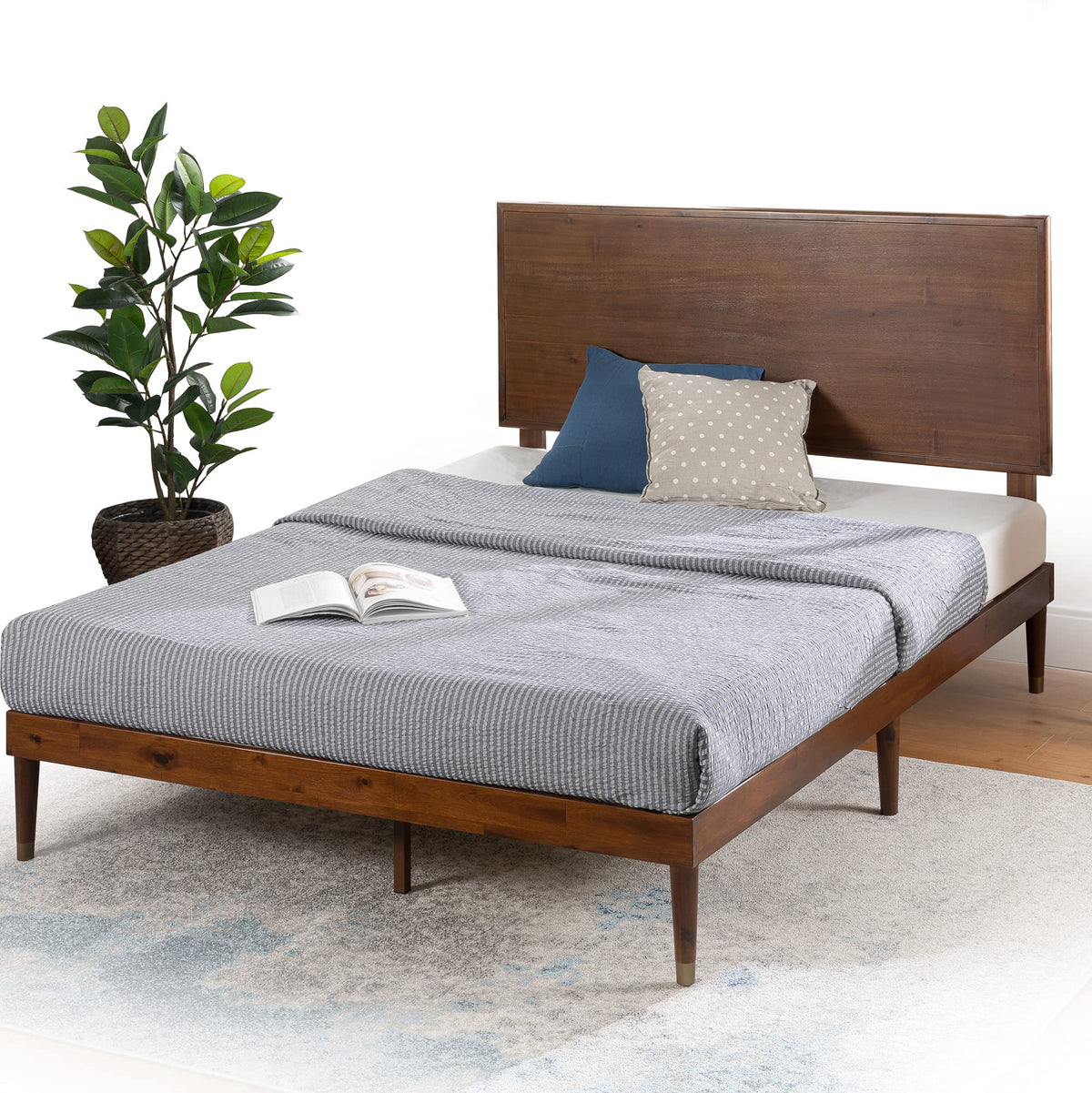 King Brown Wood Platform Bed Frame with Adjustable Headboard W2577