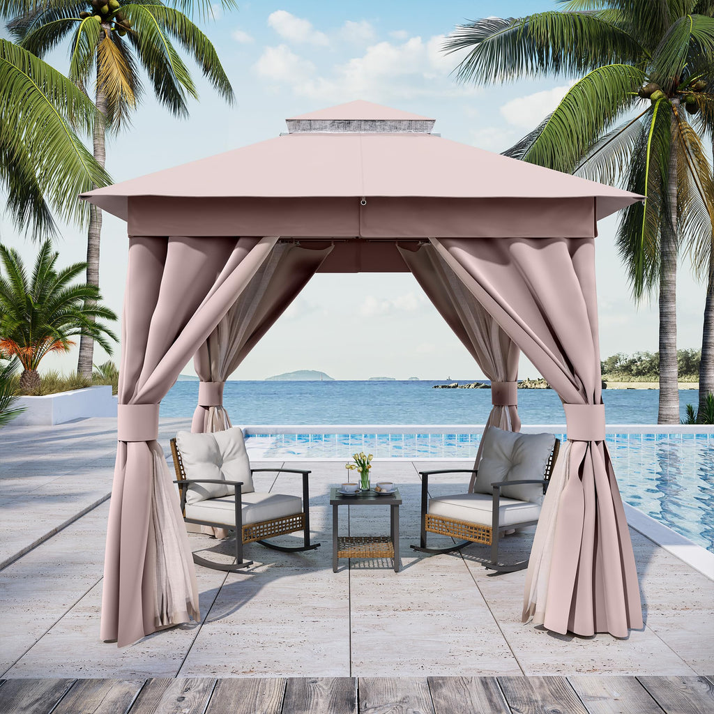 8x8 Outdoor Gazebo with Curtains, Netting & Double Roof V1608