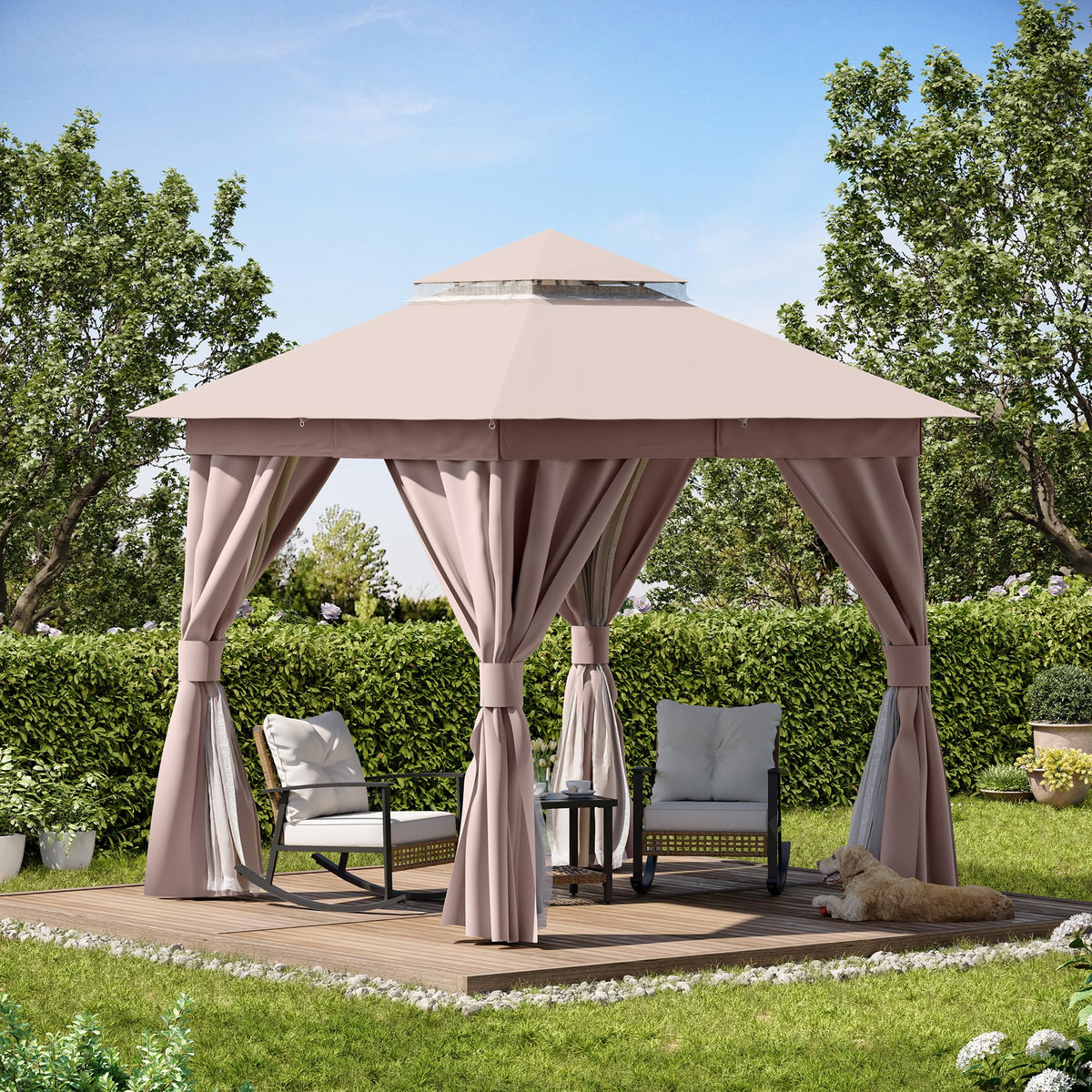 8x8 Outdoor Gazebo with Curtains, Netting & Double Roof V1608